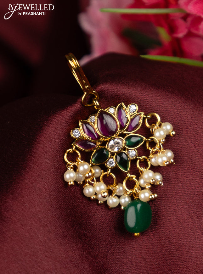Antique maang tikka floral design with kemp & cz stones and pearl hangings