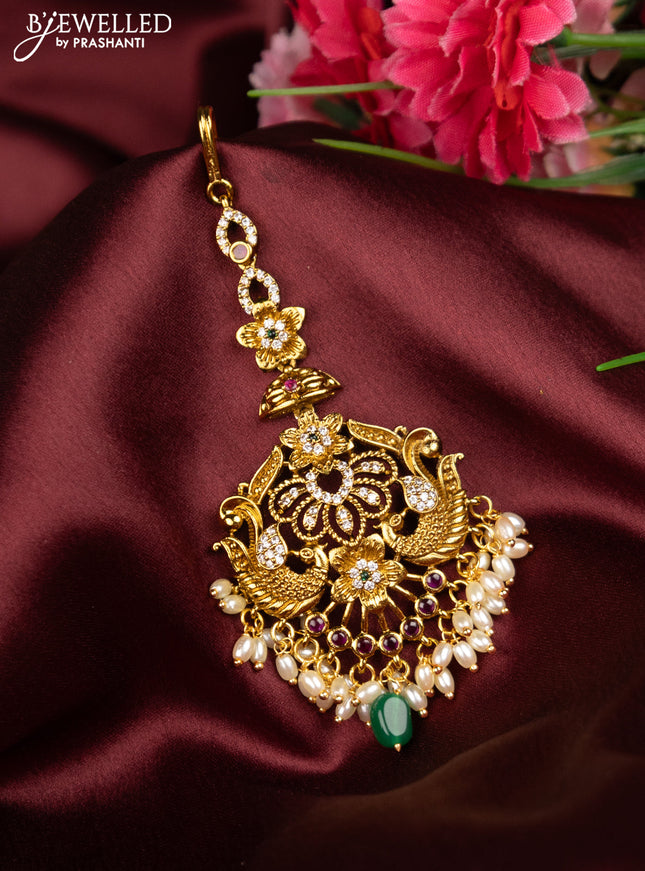 Antique maang tikka peacock design with kemp & cz stones and pearl hangings