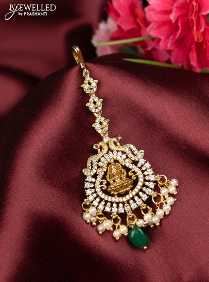 Antique maang tikka lakshmi design with pink kemp & cz stones and pearl hangings