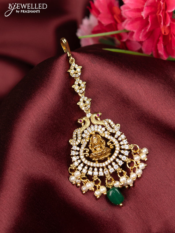 Antique maang tikka lakshmi design with pink kemp & cz stones and pearl hangings