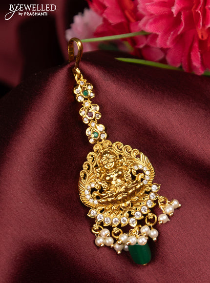 Antique maang tikka lakshmi design with kemp & cz stones and pearl hangings