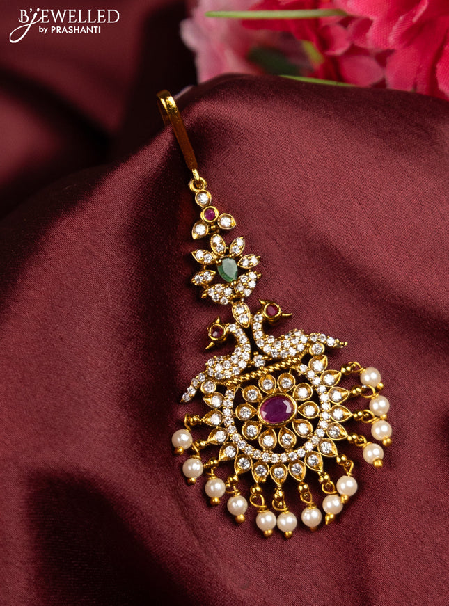 Antique maang tikka peacock design with kemp & cz stones and pearl hangings