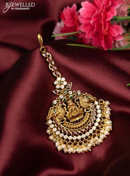 Antique maang tikka lakshmi design with kemp & cz stones and pearl hangings