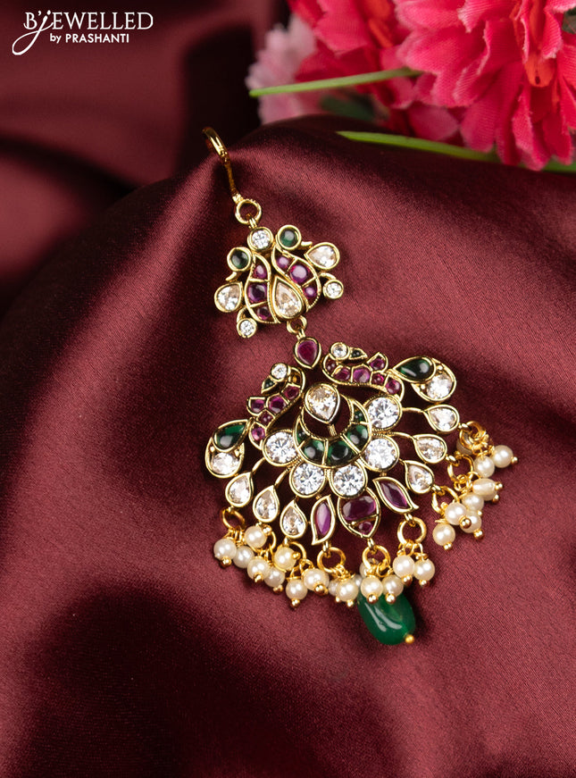 Antique maang tikka peacock design with kemp & cz stones and pearl hangings
