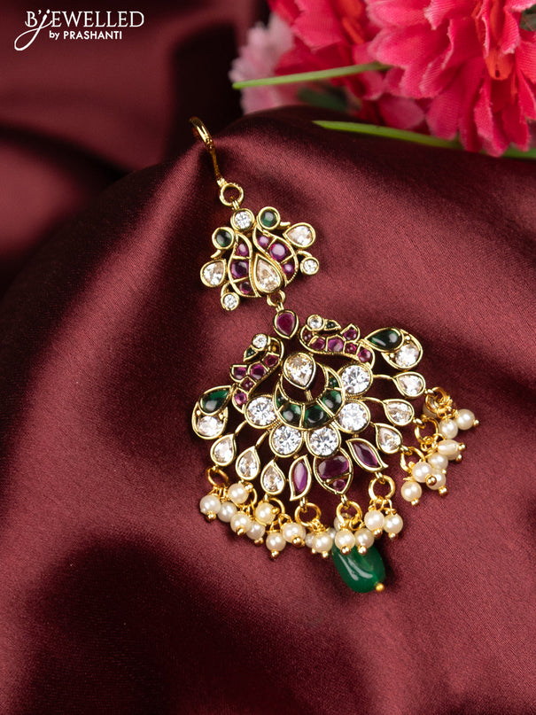 Antique maang tikka peacock design with kemp & cz stones and pearl hangings