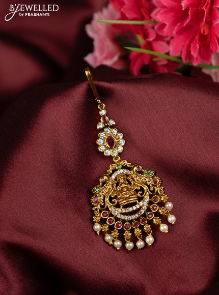 Antique maang tikka lakshmi design with kemp & cz stones and pearl hangings