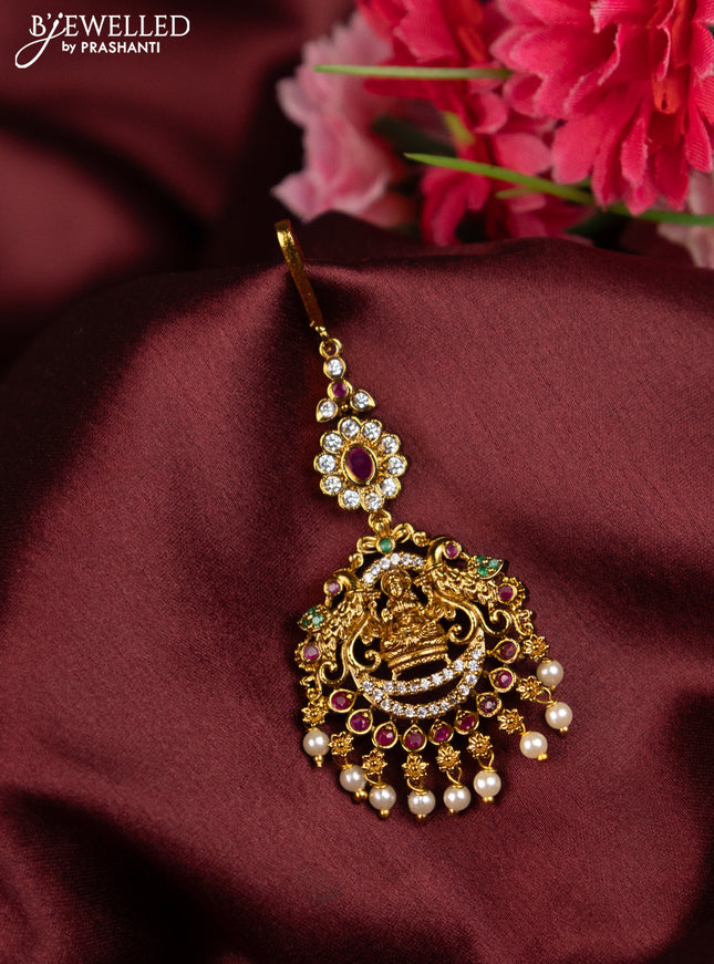 Antique maang tikka lakshmi design with kemp & cz stones and pearl hangings