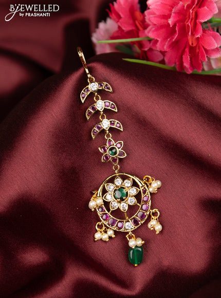 Antique maang tikka chandbali design with kemp & cz stones and pearl hangings