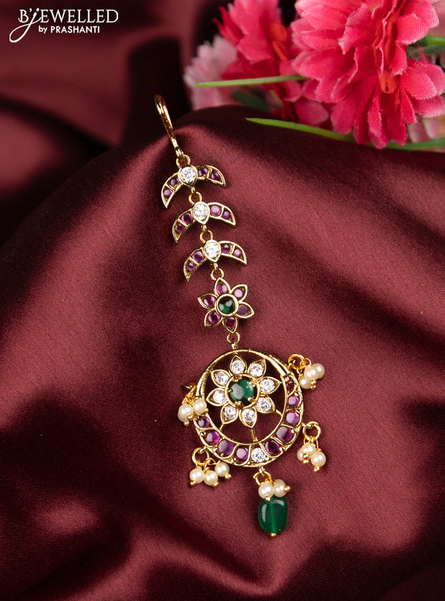 Antique maang tikka chandbali design with kemp & cz stones and pearl hangings