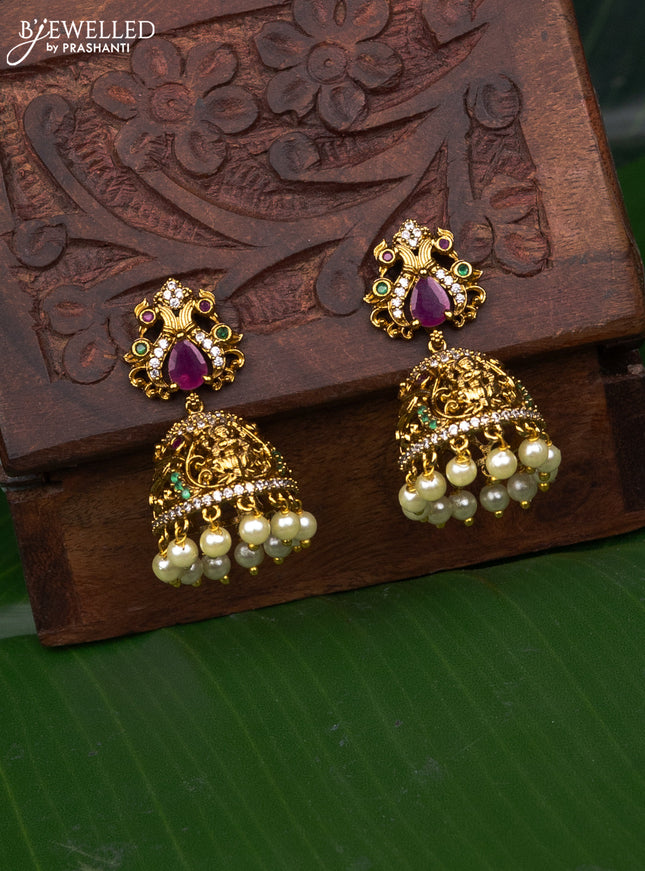 Antique Jhumka double peacock lakshmi design with cz stones and pearl hanging