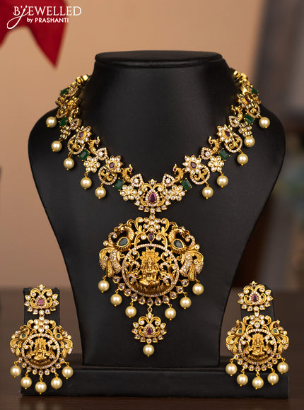 Antique necklace lakshmi design with cz stones and pearl hanging