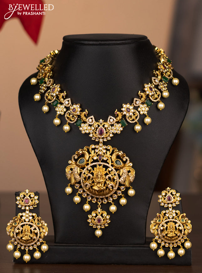 Antique necklace lakshmi design with cz stones and pearl hanging