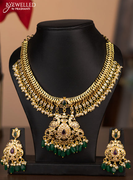 Antique necklace double peacock design with cz stones and pearl beads hanging