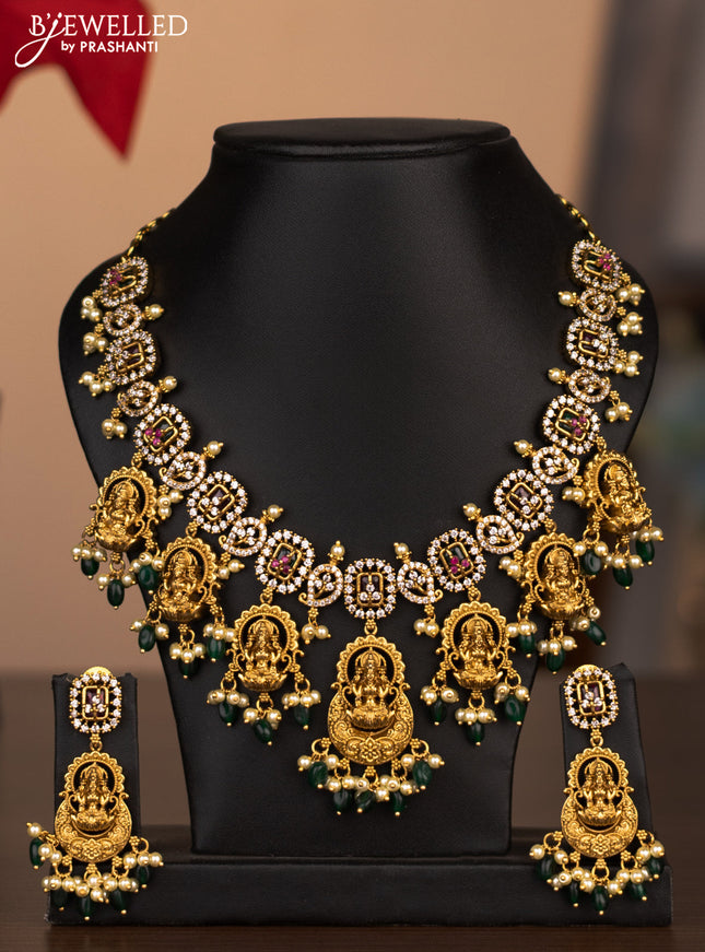 Antique necklace lakshmi design with cz stones and pearl beads hanging