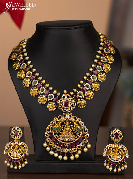 Antique necklace lakshmi elephant design with cz stones and pearl beads hanging