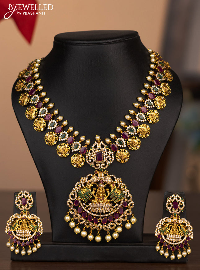 Antique necklace lakshmi elephant design with cz stones and pearl beads hanging