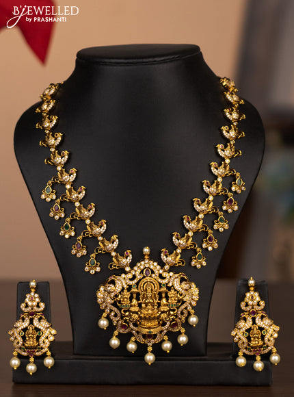 Antique necklace lakshmi design with cz stones and pearl hanging