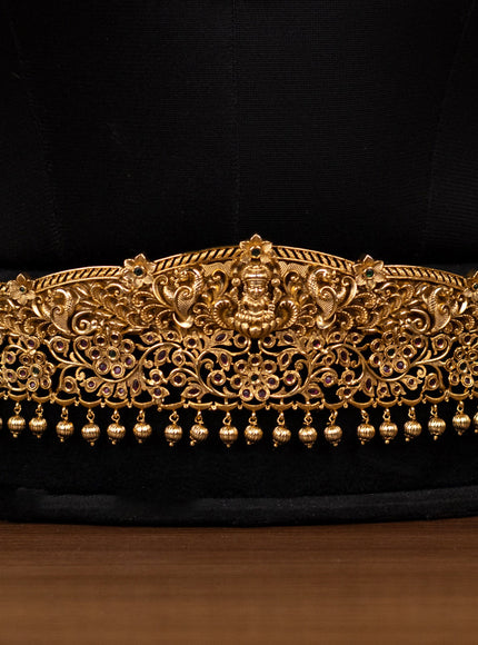 Antique bridal set lakshmi design with kemp cz stones and pearl & golden beads hanging