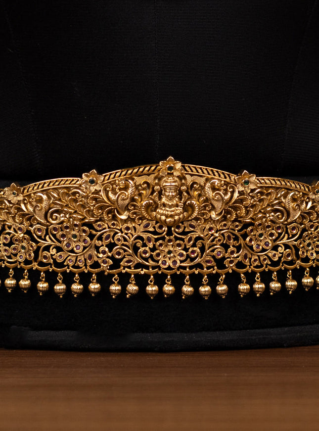 Antique bridal set lakshmi design with kemp cz stones and pearl & golden beads hanging