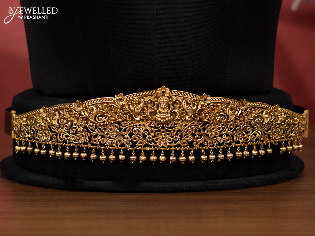 Antique bridal set lakshmi design with kemp cz stones and pearl & golden beads hanging