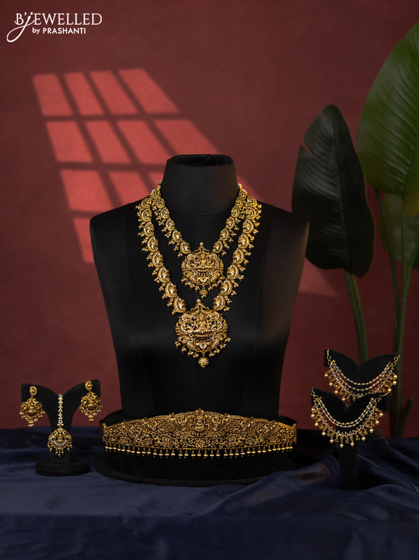 Antique bridal set lakshmi design with kemp cz stones and pearl & golden beads hanging