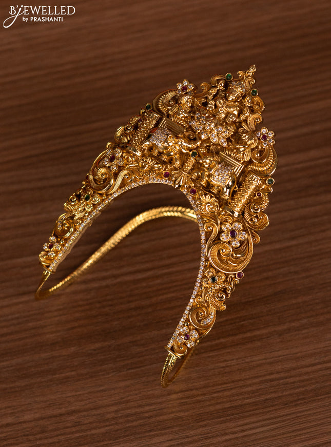 Antique bridal set lakshmi design with kemp cz stones and pearl & golden beads hanging