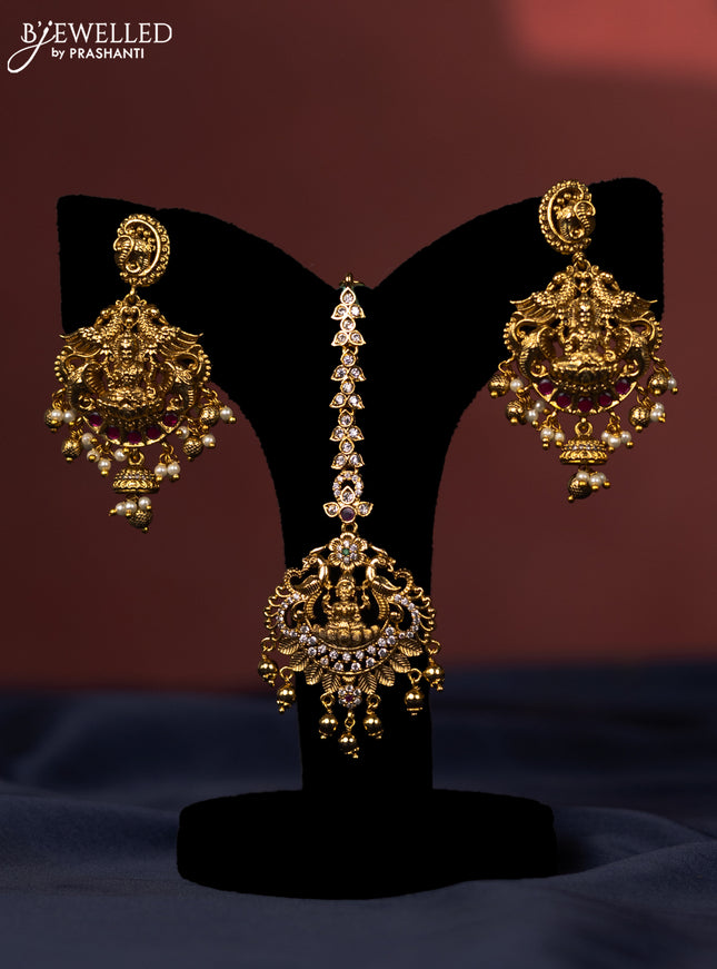 Antique bridal set lakshmi design with kemp cz stones and pearl & golden beads hanging