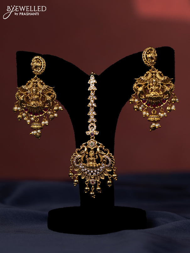 Antique bridal set lakshmi design with kemp cz stones and pearl & golden beads hanging