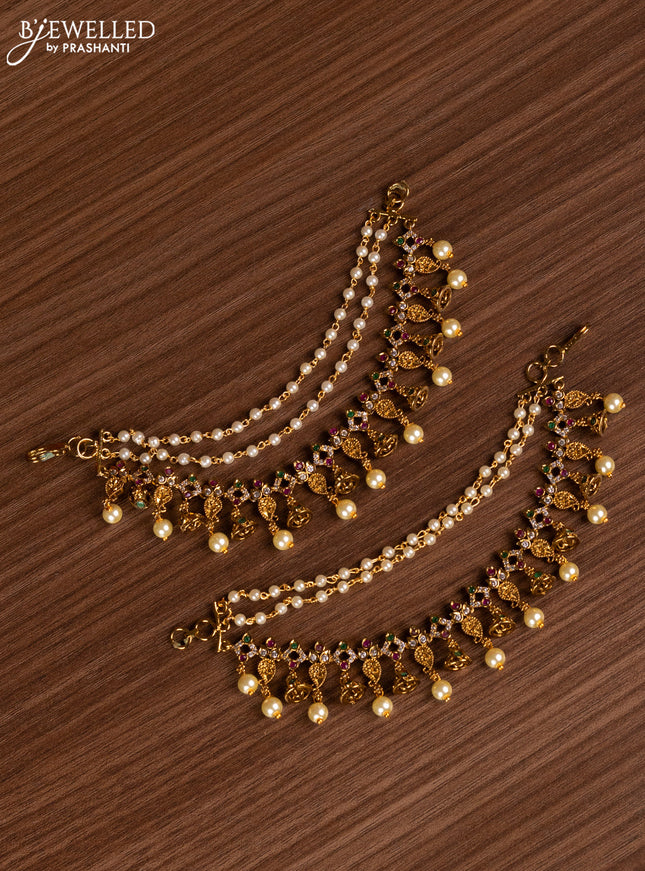 Antique bridal set lakshmi design with kemp cz stones and pearl & golden beads hanging