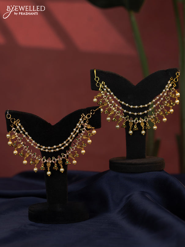 Antique bridal set lakshmi design with kemp cz stones and pearl & golden beads hanging