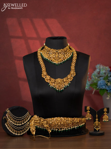 Antique bridal set lakshmi design with kemp cz stones and pearl & golden beads hanging