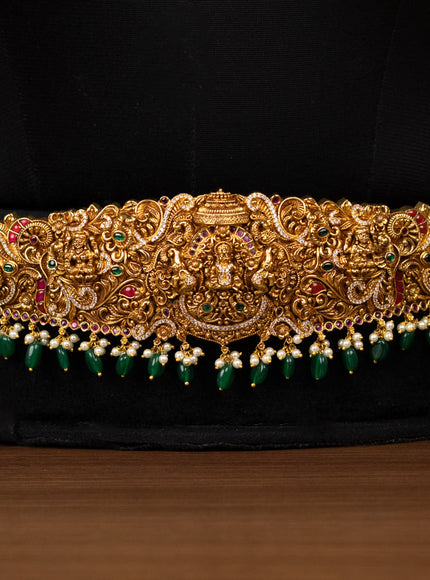 Antique bridal set lakshmi design with kemp cz stones and pearl & golden beads hanging