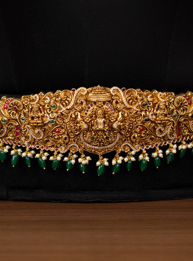 Antique bridal set lakshmi design with kemp cz stones and pearl & golden beads hanging