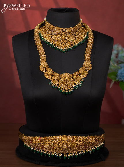 Antique bridal set lakshmi design with kemp cz stones and pearl & golden beads hanging