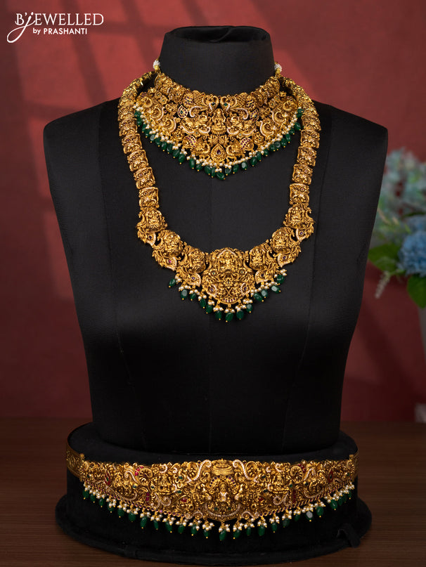 Antique bridal set lakshmi design with kemp cz stones and pearl & golden beads hanging