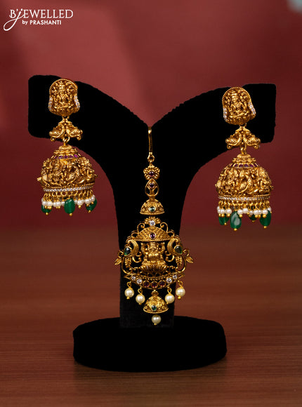 Antique bridal set lakshmi design with kemp cz stones and pearl & golden beads hanging