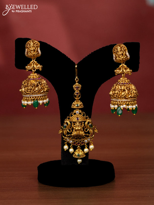 Antique bridal set lakshmi design with kemp cz stones and pearl & golden beads hanging