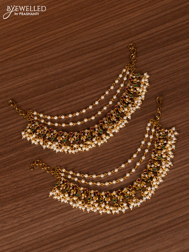 Antique bridal set lakshmi design with kemp cz stones and pearl & golden beads hanging