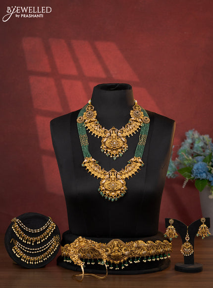 Antique bridal set lakshmi design with kemp cz stones and pearl & golden beads hanging
