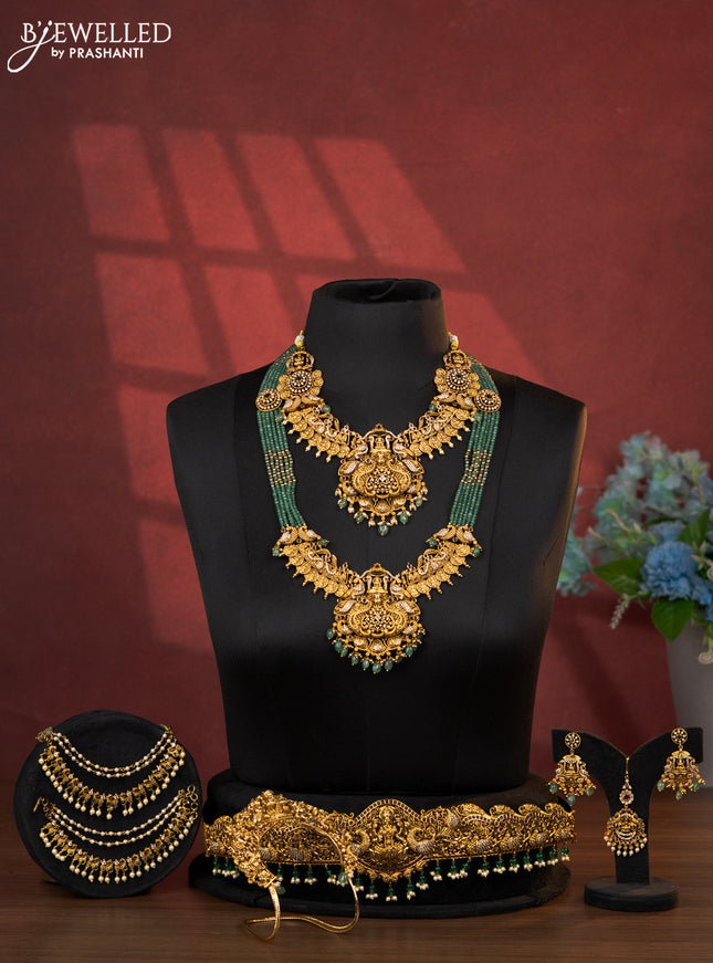 Antique bridal set lakshmi design with kemp cz stones and pearl & golden beads hanging