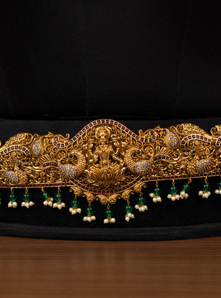 Antique bridal set lakshmi design with kemp cz stones and pearl & golden beads hanging