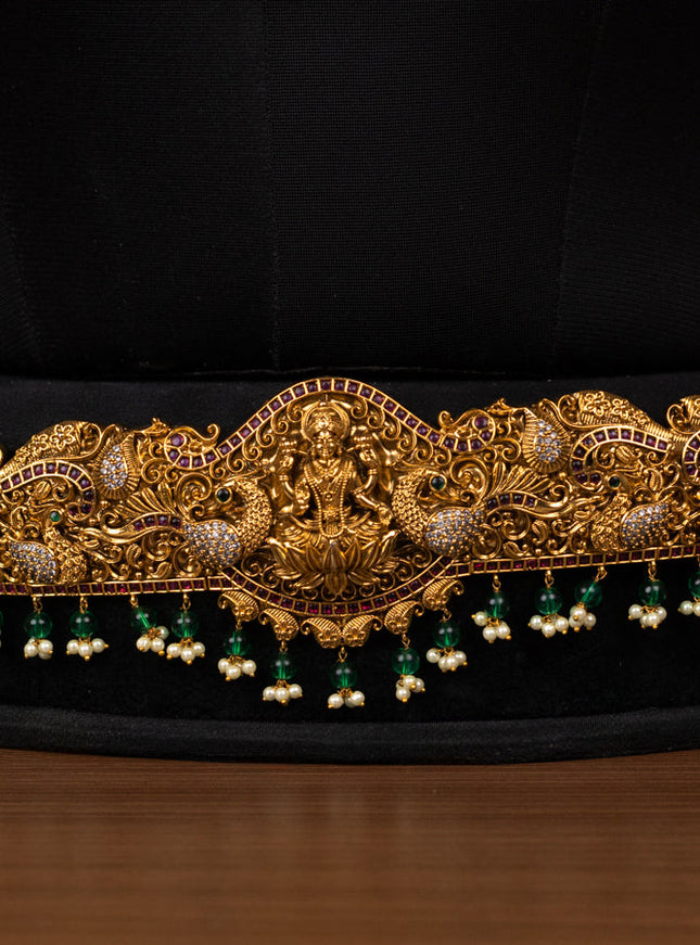 Antique bridal set lakshmi design with kemp cz stones and pearl & golden beads hanging