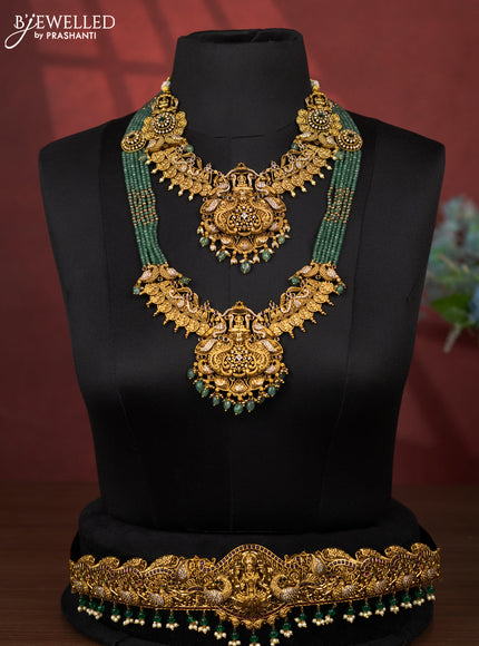 Antique bridal set lakshmi design with kemp cz stones and pearl & golden beads hanging