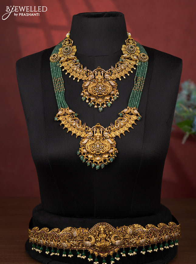 Antique bridal set lakshmi design with kemp cz stones and pearl & golden beads hanging