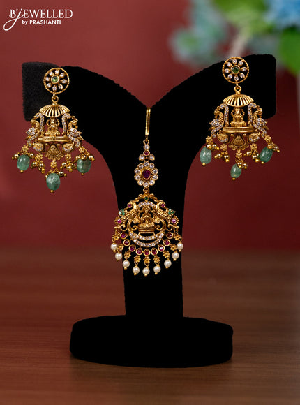 Antique bridal set lakshmi design with kemp cz stones and pearl & golden beads hanging