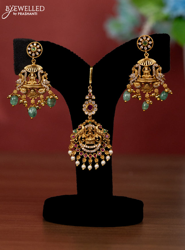 Antique bridal set lakshmi design with kemp cz stones and pearl & golden beads hanging