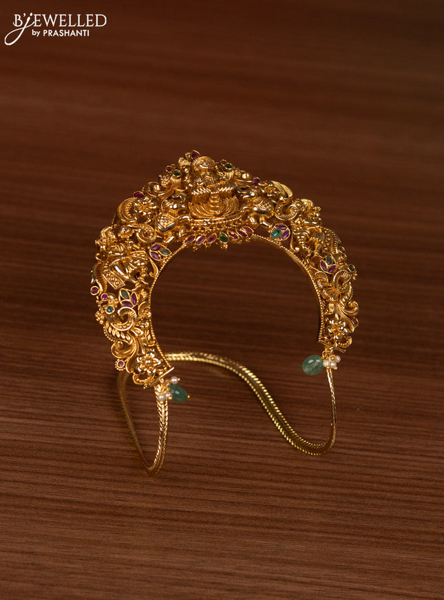 Antique bridal set lakshmi design with kemp cz stones and pearl & golden beads hanging