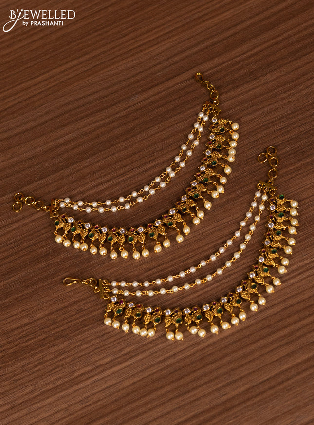 Antique bridal set lakshmi design with kemp cz stones and pearl & golden beads hanging