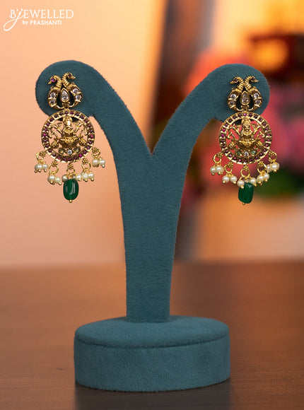 Antique necklace lakshmi design with kemp & cz stones and pearl & green beads hanging