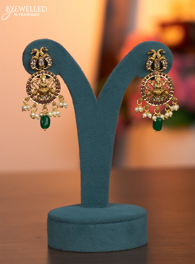 Antique necklace lakshmi design with kemp & cz stones and pearl & green beads hanging